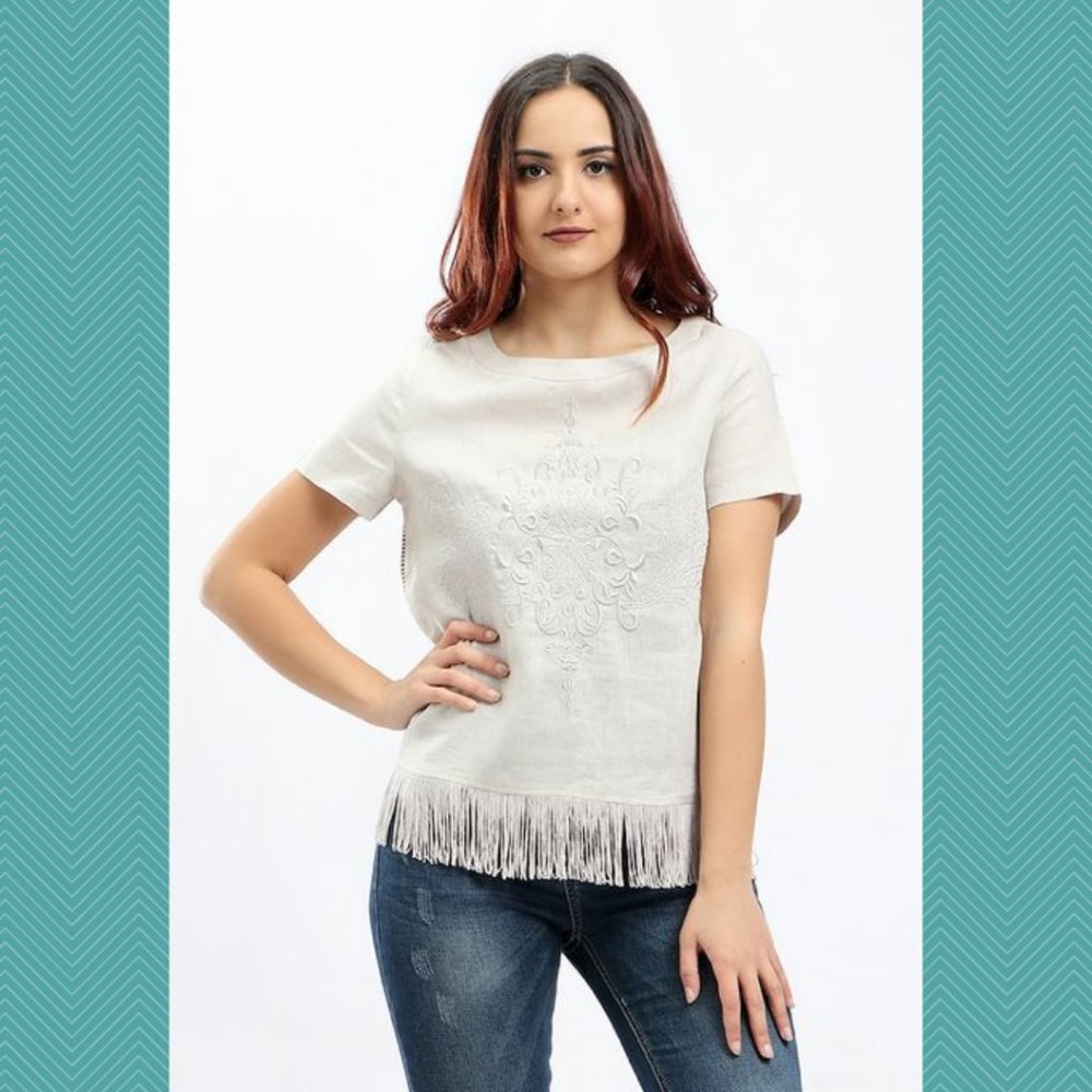 Dalydress Ivory Beige 100% Linen Embroidered Fringe Hem Top